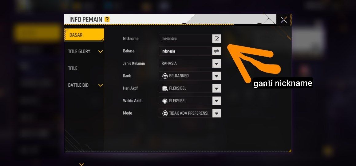 Ikon edit nickname di profil Free Fire
