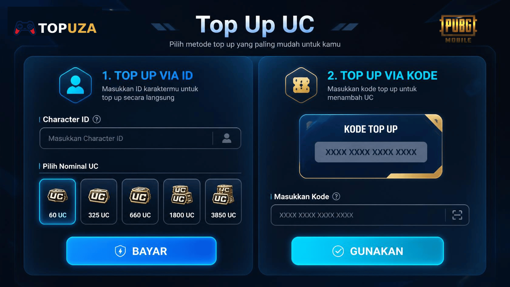 Halaman top up UC PUBG Mobile dengan kolom Character ID dan pilihan nominal