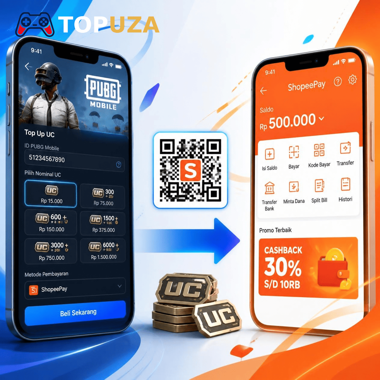 Langkah-langkah top up UC PUBG Mobile menggunakan ShopeePay di Topuza