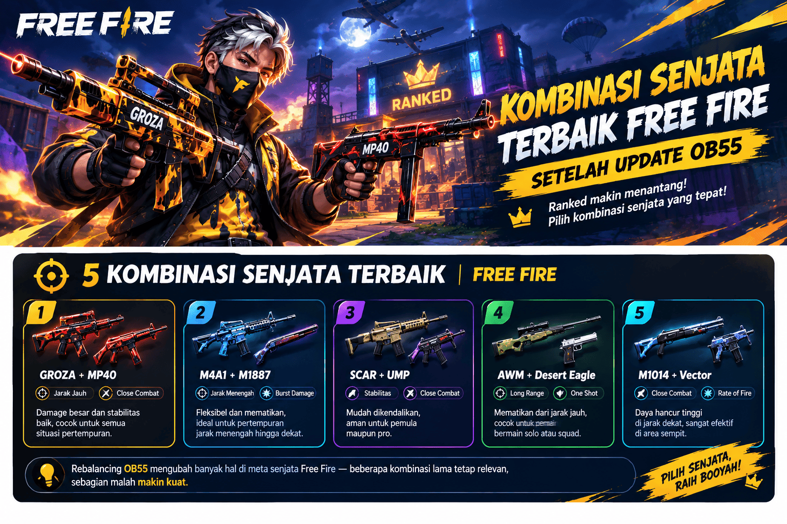 Kombinasi senjata terbaik Free Fire setelah update OB55