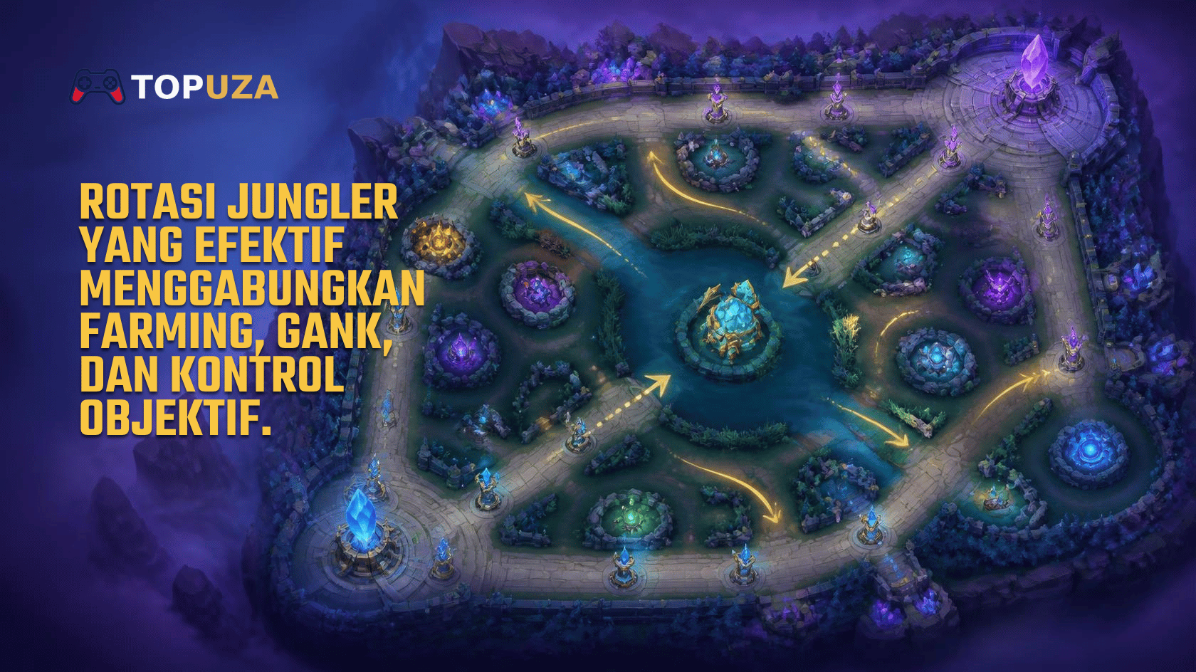 Strategi rotasi jungler Mobile Legends dari jungle menuju lane dan objektif.