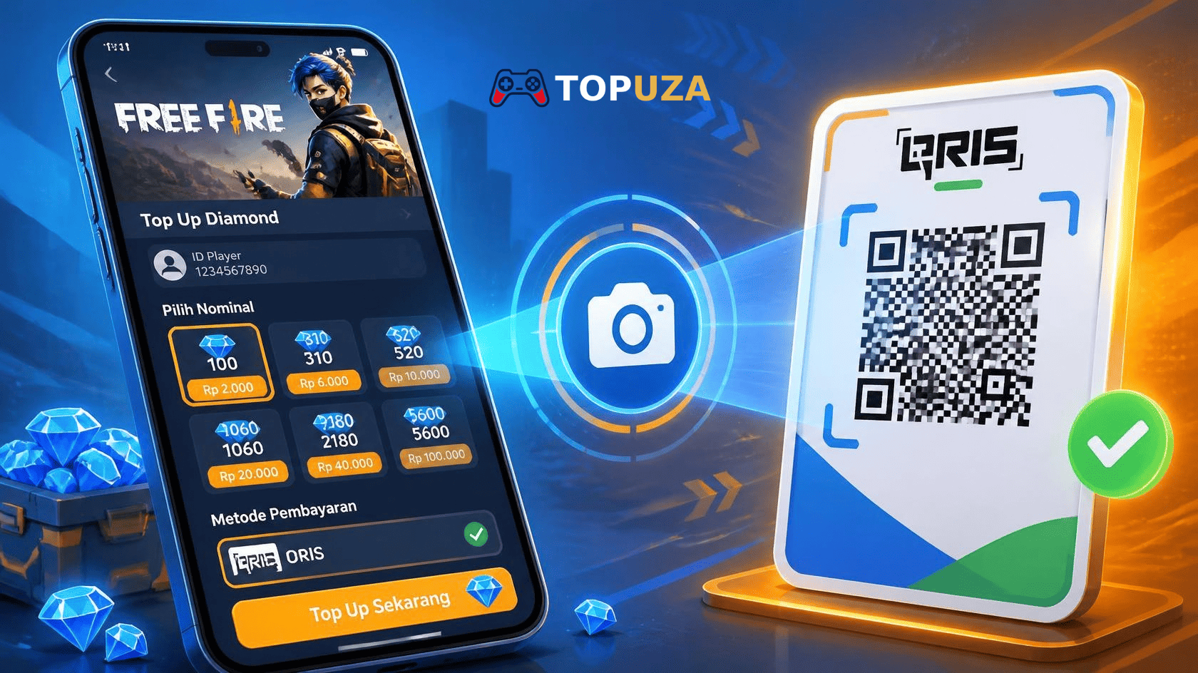 Langkah-langkah top up Diamond Free Fire menggunakan QRIS di Topuza