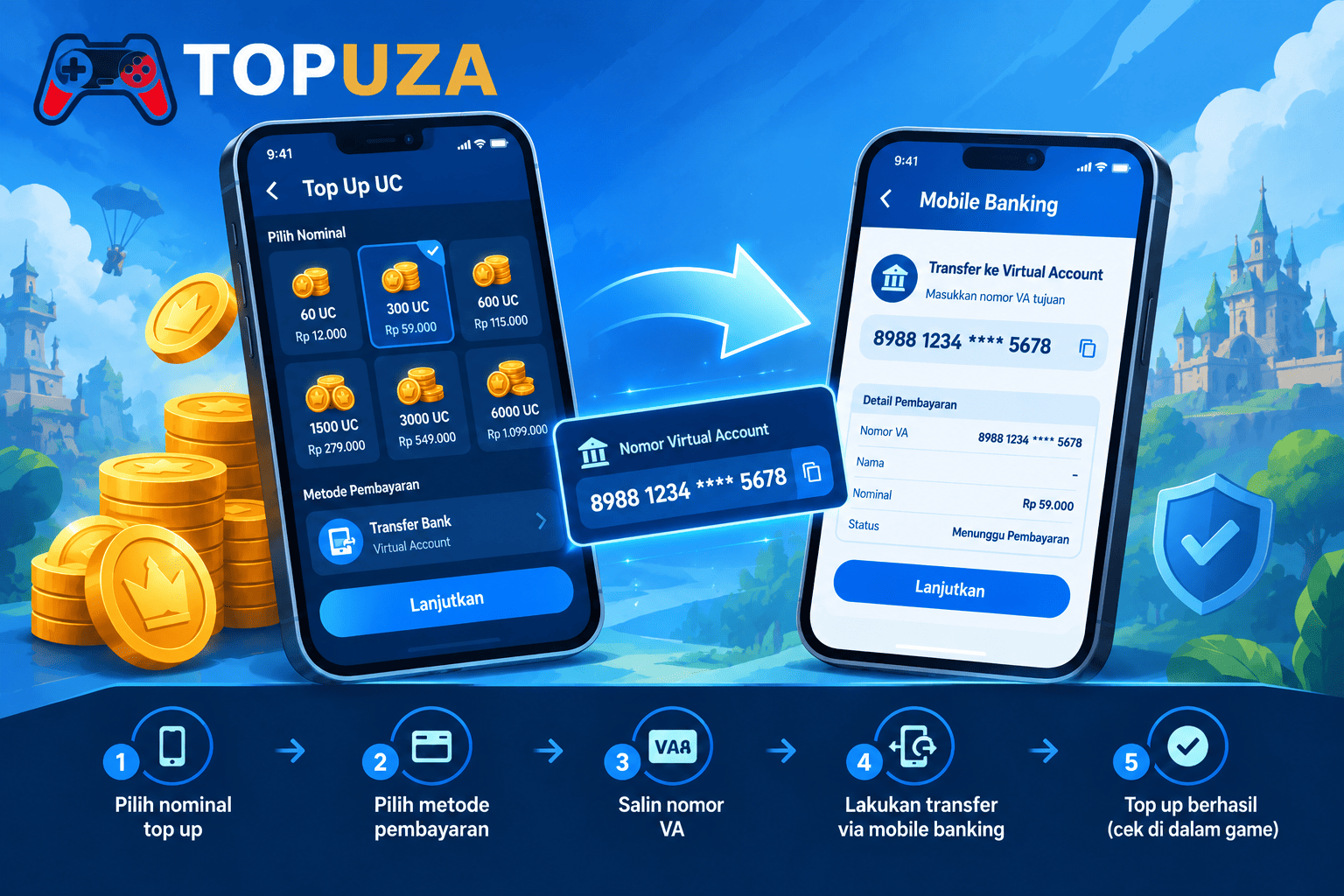 Langkah top up UC PUBG Mobile lewat transfer bank virtual account di Topuza