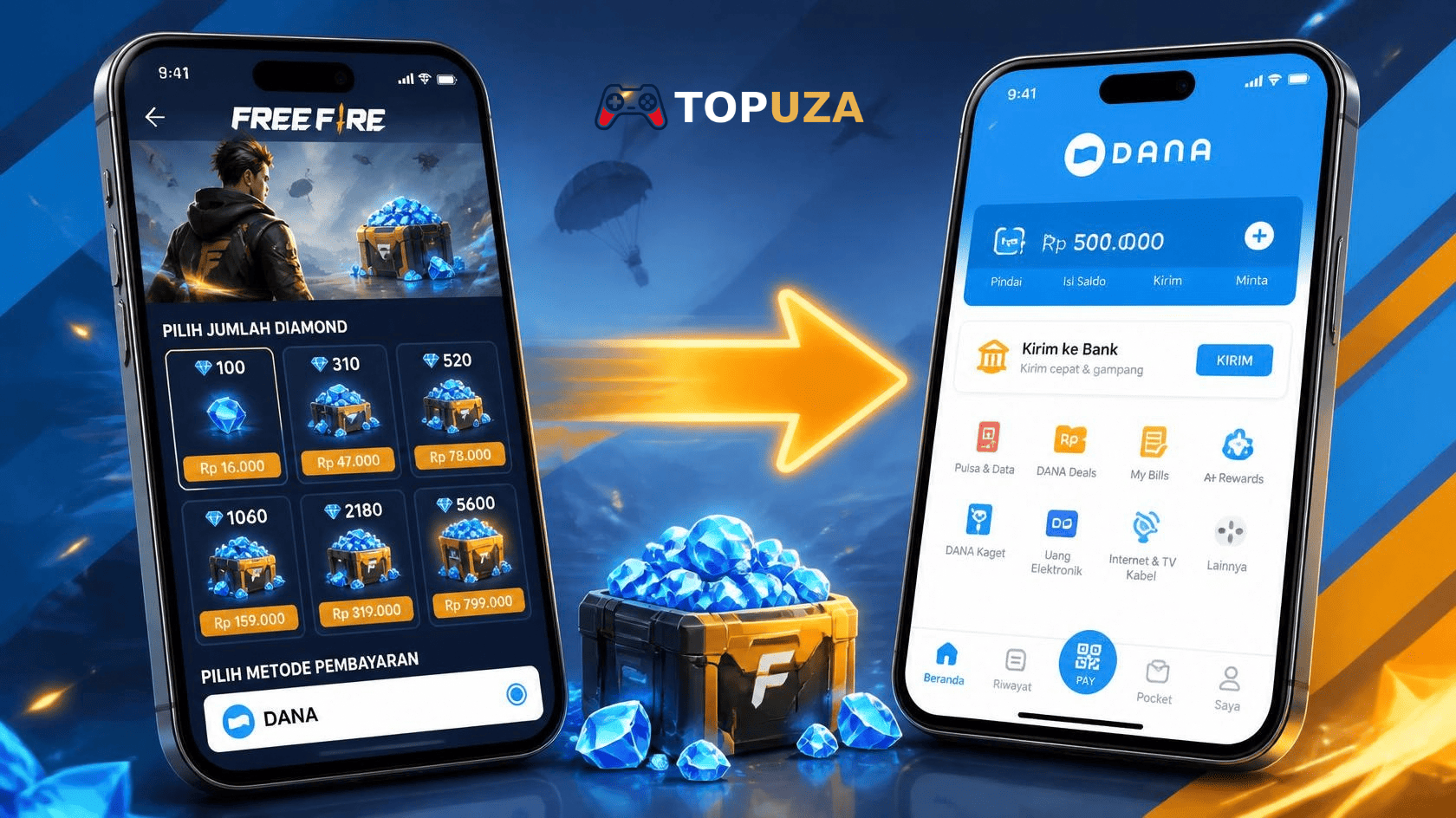 Langkah-langkah top up Diamond Free Fire menggunakan DANA di Topuza