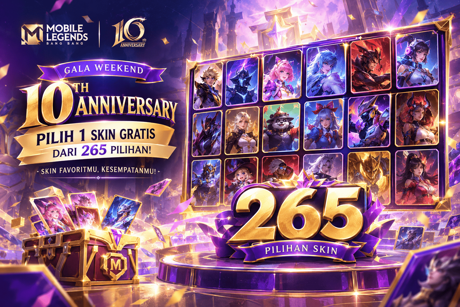 Ilustrasi event pilih skin gratis 10th anniversary Mobile Legends dari 265 pilihan