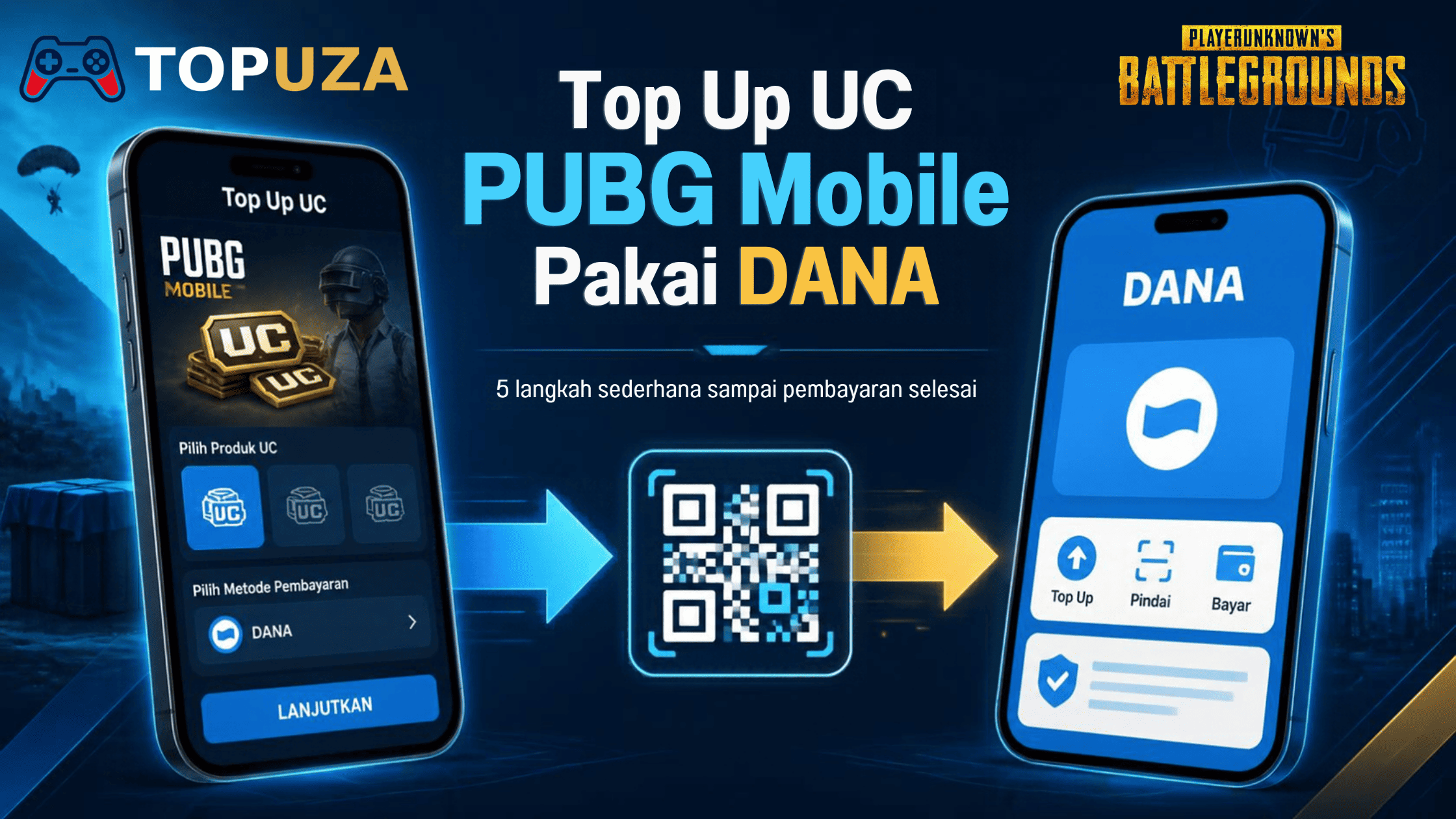 Langkah-langkah top up UC PUBG Mobile menggunakan DANA di Topuza