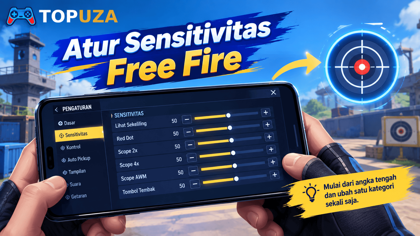 Menu pengaturan sensitivitas Free Fire dengan slider per kategori