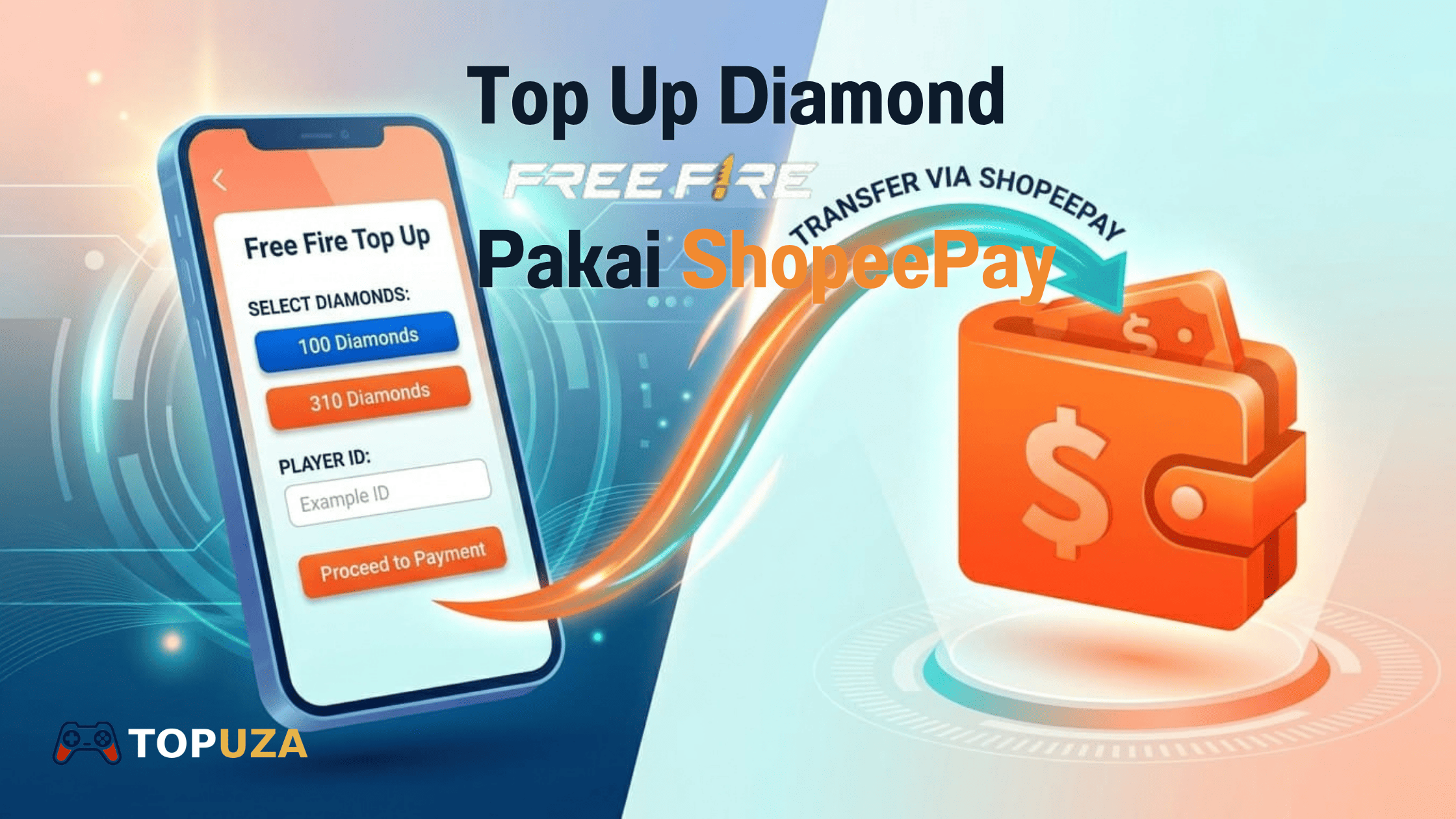 Langkah top up diamond Free Fire memakai ShopeePay di Topuza