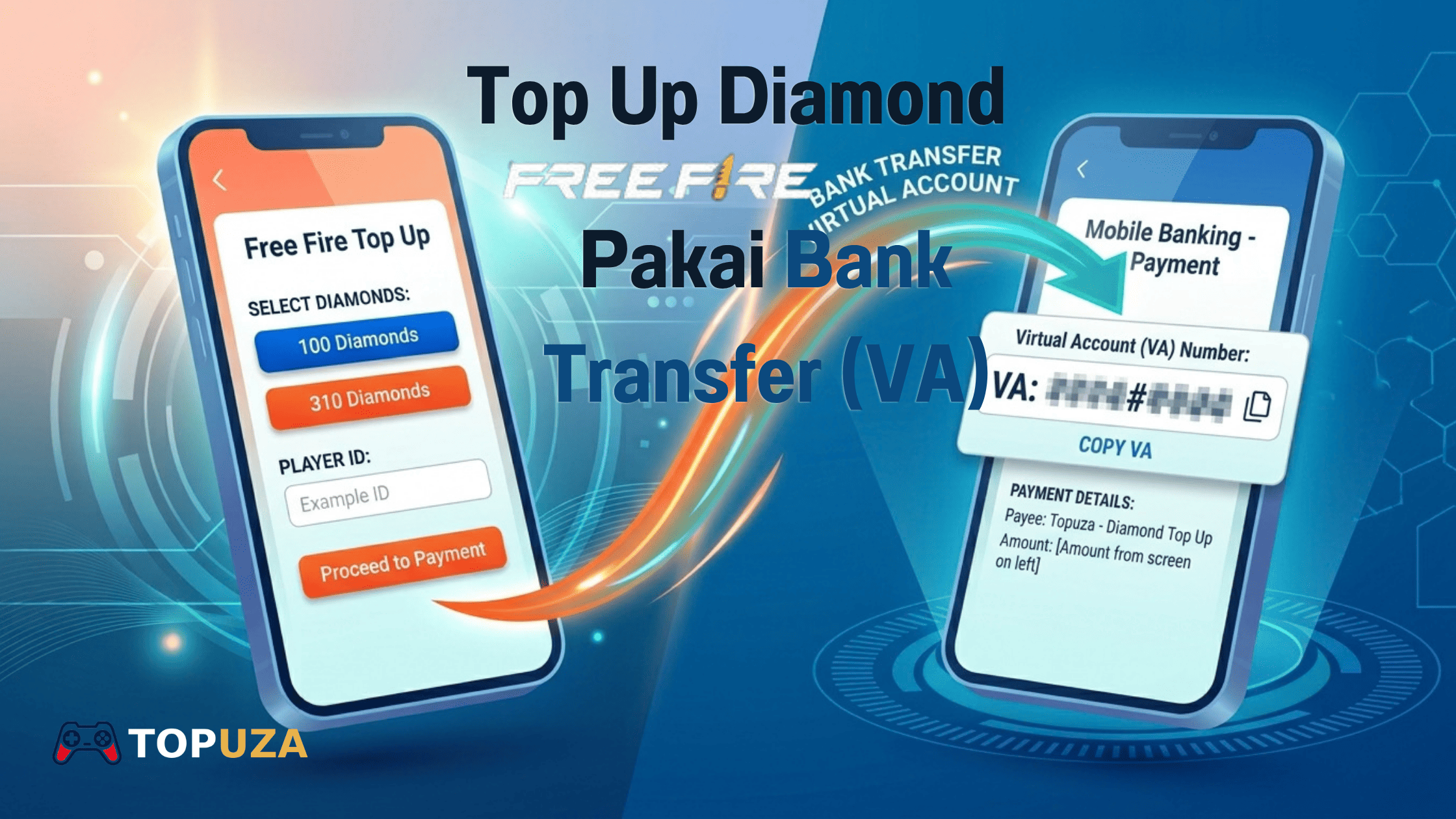 Langkah top up diamond Free Fire lewat transfer bank virtual account di Topuza
